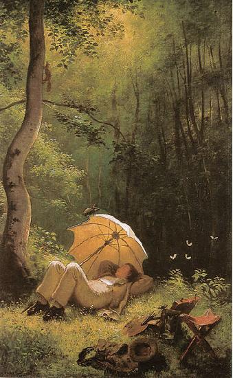 Carl Spitzweg Der Maler auf einer Waldlichtung, unter einem Schirm liegend China oil painting art